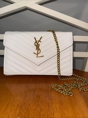 Saint Laurent White Quilted Leather Chain Shoulder Bag with Gold Logo